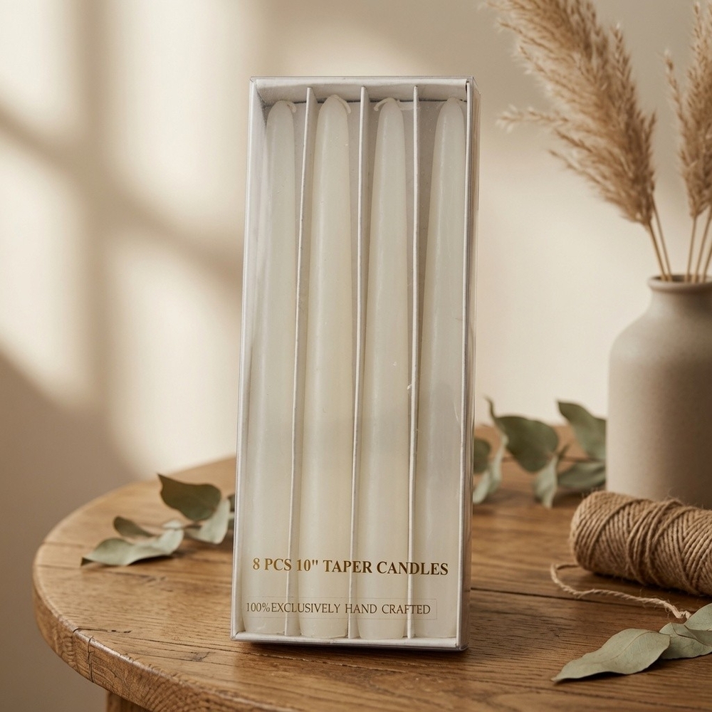 Vintage Bentony 10" Ivory Taper Candles Set of 8 Handcrafted NIB Box Wear